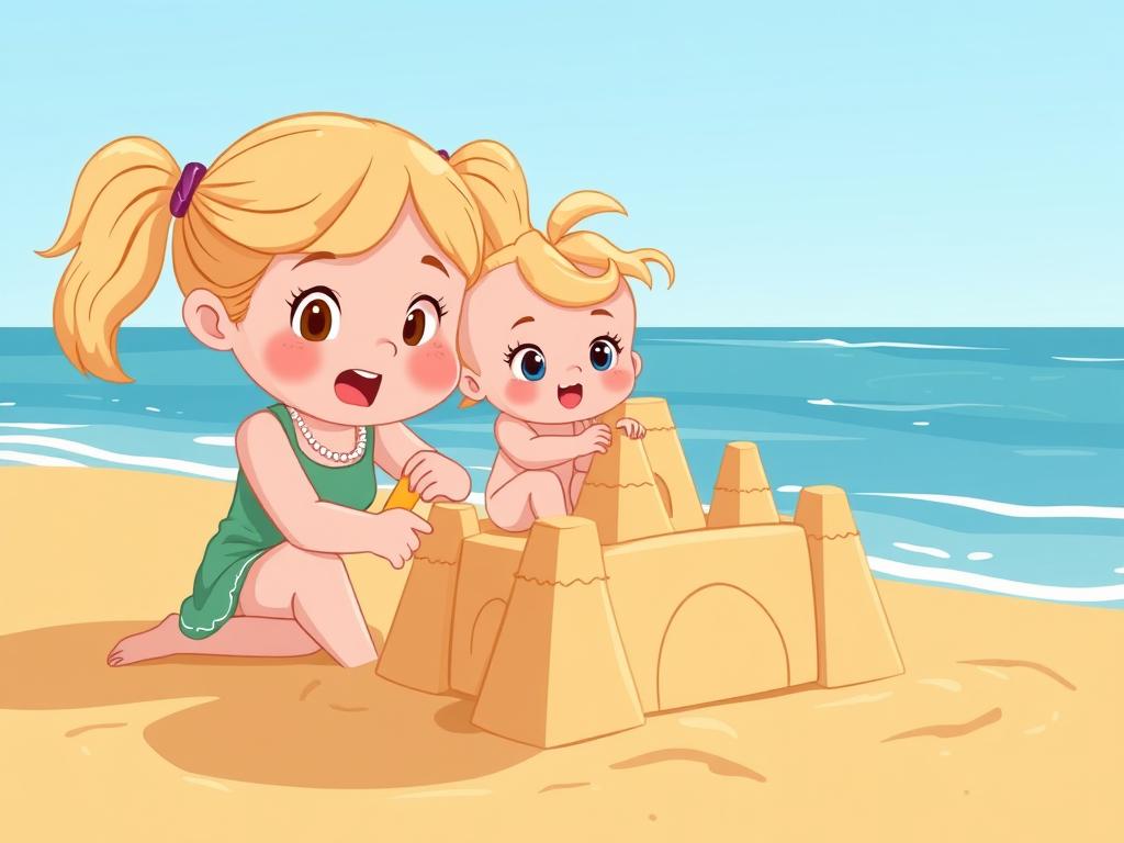 Amelia sitting on the sandcastle